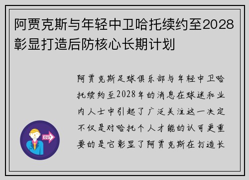 阿贾克斯与年轻中卫哈托续约至2028彰显打造后防核心长期计划